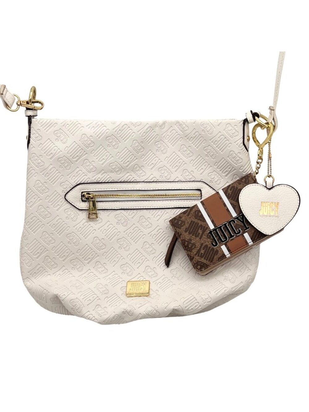 Juicy Couture White Crossbody Bag Purse 12" & Brown Juicy Wallet & Heart Charm